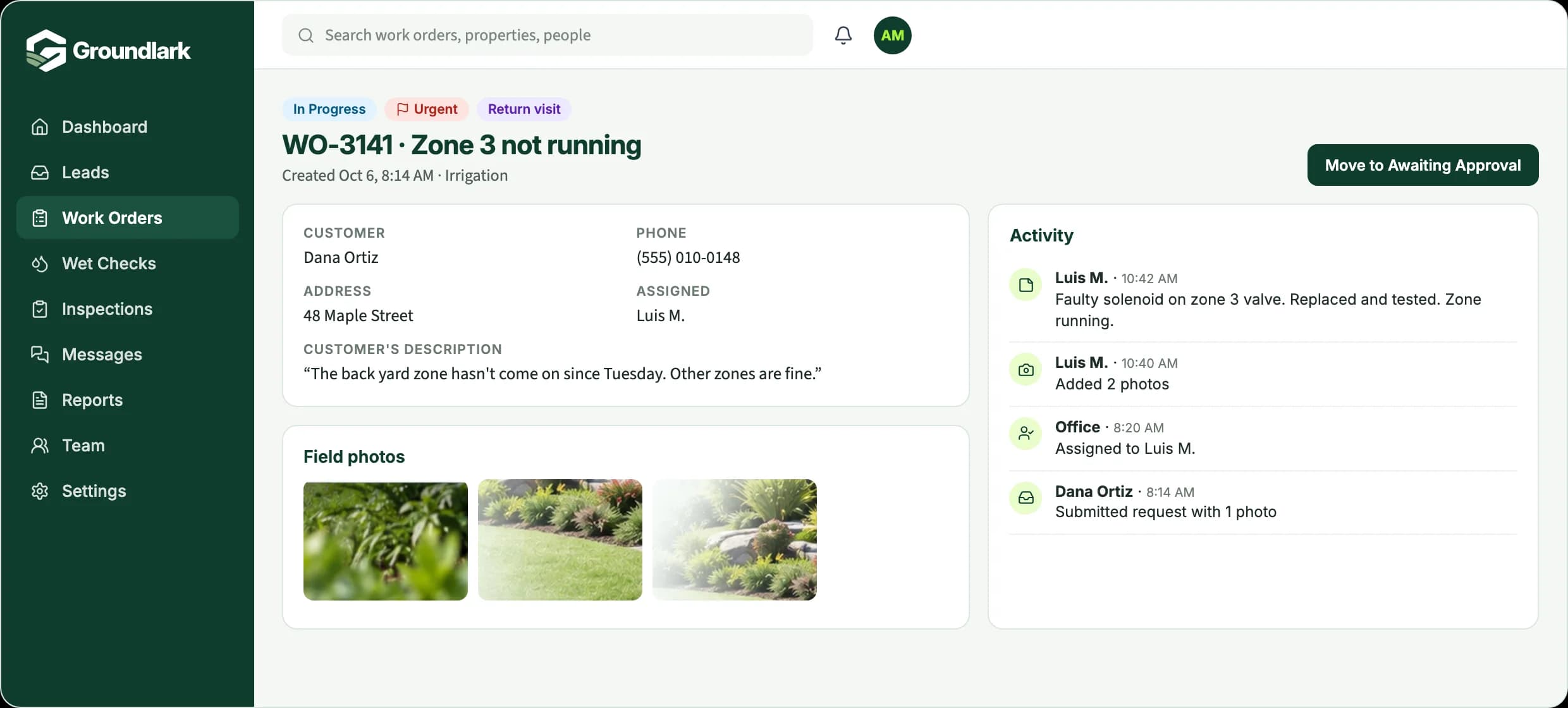 Example work order: status, urgent flag, customer's description, assigned technician, field photos, and activity